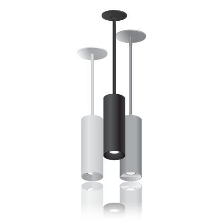 CYN-MainImage2 Three cylindrical light fixtures, hanging from suspended cables and stems, in White, Silver and Black, with different optics.