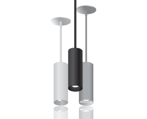Three cylindrical light fixtures, hanging from suspended cables and stems, in White, Silver and Black, with different optics.