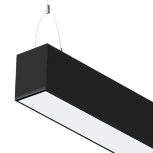 Close up of a black, linear LED fixture.