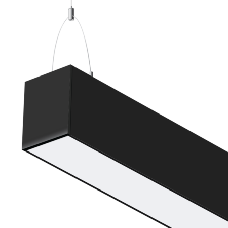 Close up of a black, linear LED fixture.