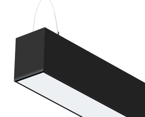 Close up of a black, linear LED fixture.
