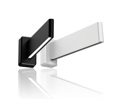 Two wall mounted slim LED linears with a reflection, one in black, one in white.