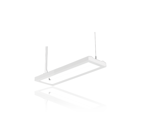White rectangular 4 ft fixture suspended with a reflection under it.