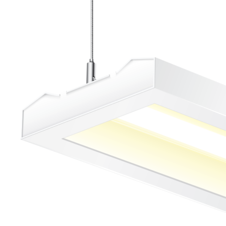 Close up of a rectangular LED fixture hanging from aircraft cables, turned on.