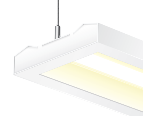 Close up of a rectangular LED fixture hanging from aircraft cables, turned on.