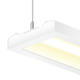 Close up of a rectangular LED fixture hanging from aircraft cables, turned on.