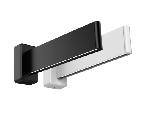 Two slim, wall mount LED fixtures, one black, one white, both 2 foot in length.