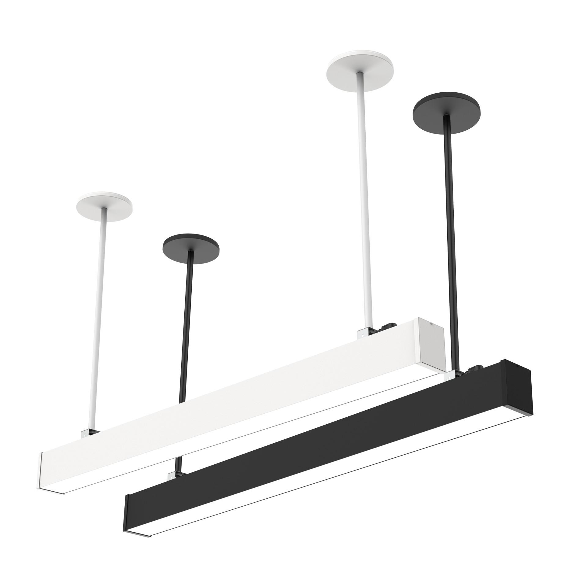 Two suspended mounted LED linears in black and white finishes.